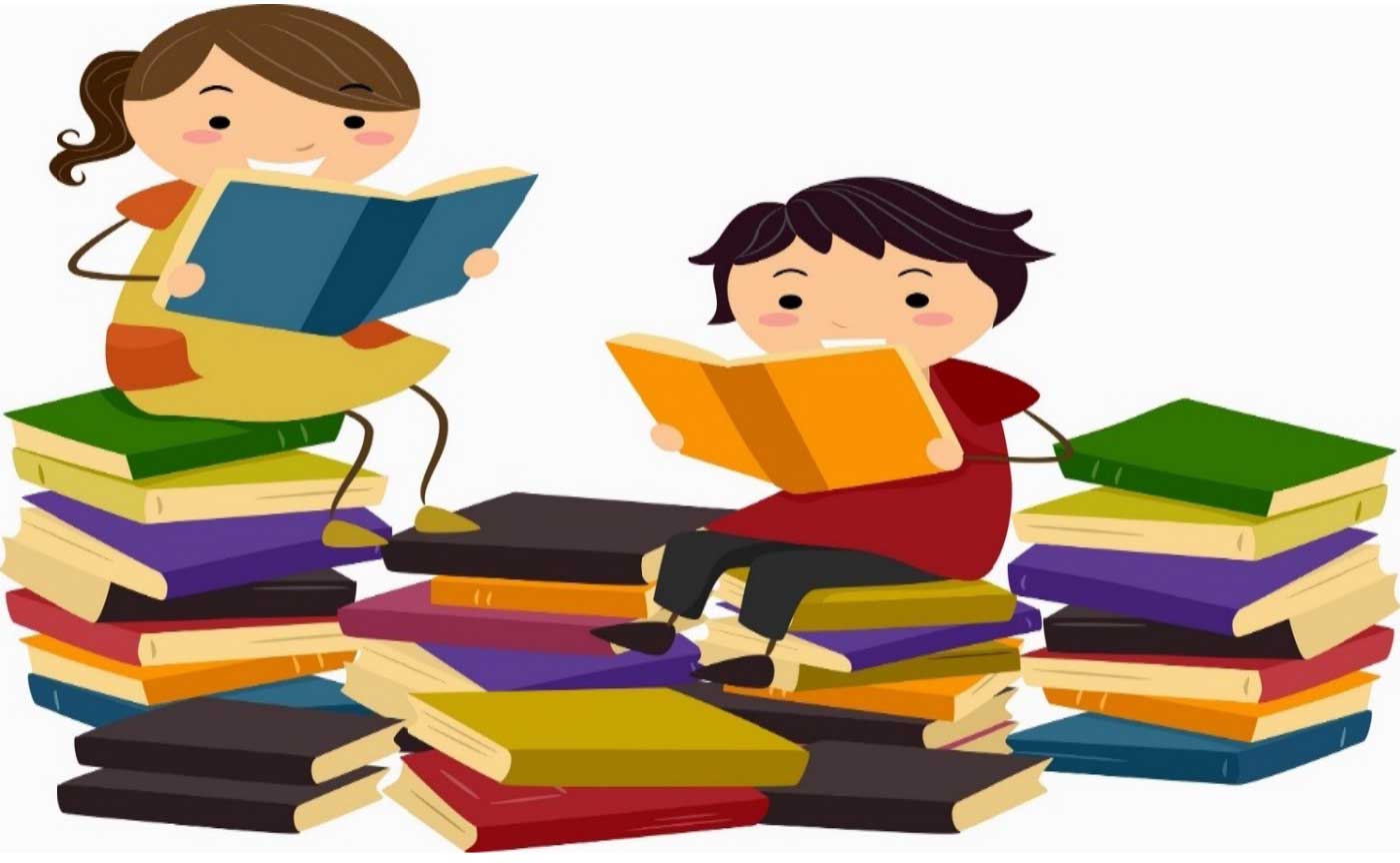 An illustration of children sitting on colorful books reading